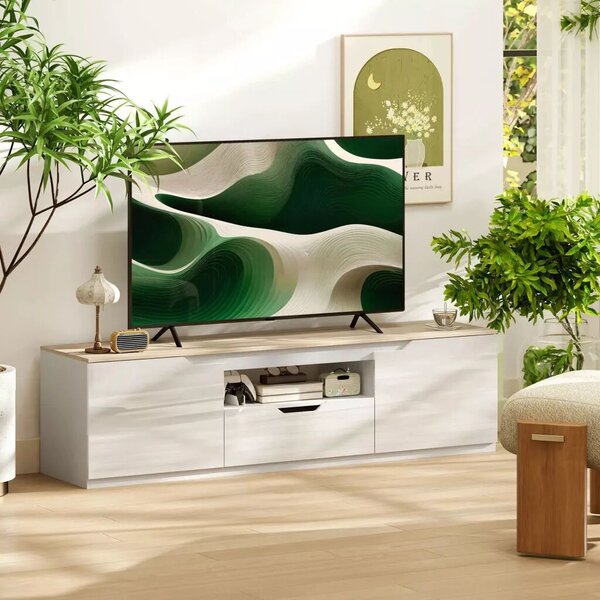TV-szekrény, 160 x 38 x 43 cm akár 65"-os tévékhez, 3 rekesszel, fiókkal, natúr fa
