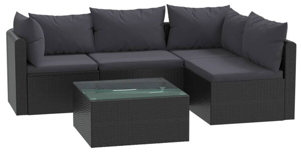 5 részes fekete polyrattan kerti társalgószett párnákkal