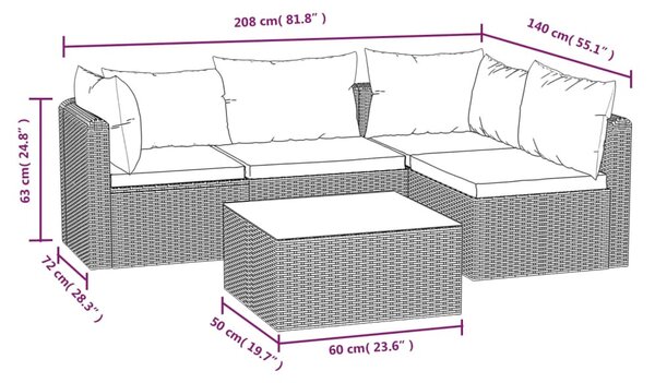 5 részes fekete polyrattan kerti társalgószett párnákkal