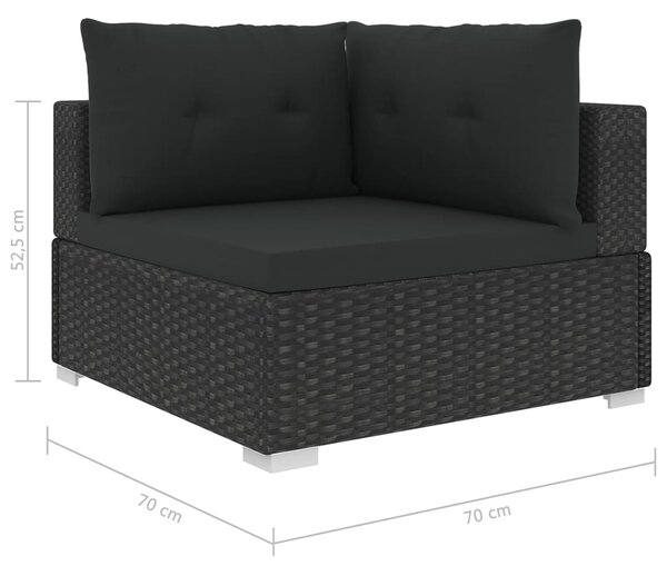 10-részes fekete polyrattan kerti bútorszett párnákkal