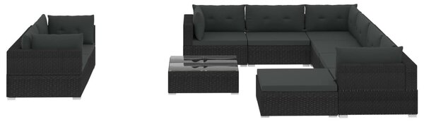 10-részes fekete polyrattan kerti bútorszett párnákkal