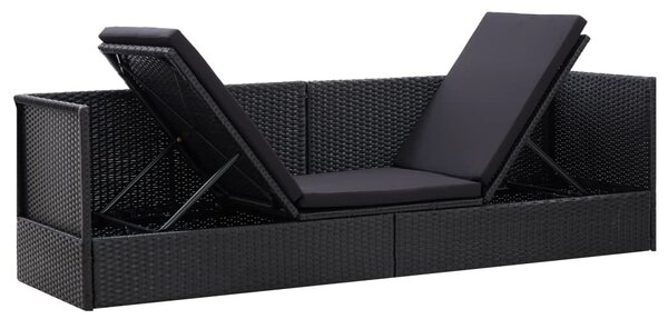 Fekete polyrattan kerti ágy ülő- és hátpárnával