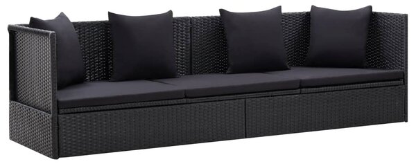 Fekete polyrattan kerti ágy ülő- és hátpárnával