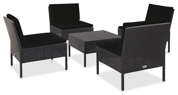 5-részes fekete polyrattan kerti kanapészett párnákkal