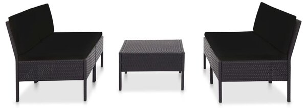 5-részes fekete polyrattan kerti kanapészett párnákkal