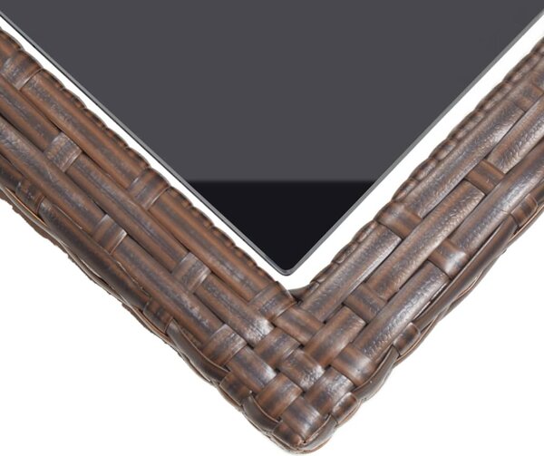 Barna polyrattan és üveglapos kerti asztal 110 x 53 x 72 cm