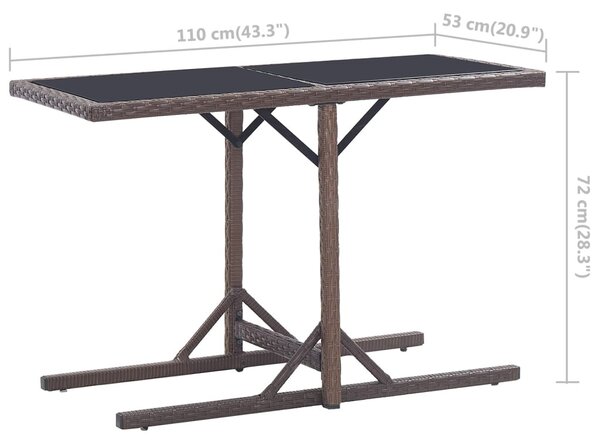 Barna polyrattan és üveglapos kerti asztal 110 x 53 x 72 cm