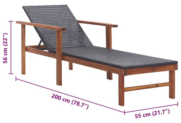 Fekete polyrattan és tömör akácfa napozóágy