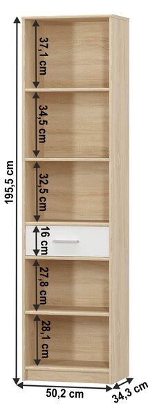 KONDELA Nyitott könyvespolc 1S, fehér/tölgy sonoma, TEYO