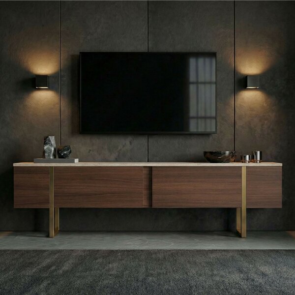 Hanah Home TV Stand Travertine Milano Walnut Gold Onera - Travertine, Milano Walnut, Gold