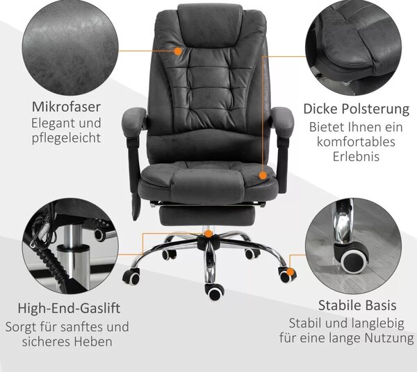 Vinsetto Főnöki szék masszázsfunkcióval, ergonomikus íróasztal szék dönthető és fűthető funkcióval, távirányítóval, fekete