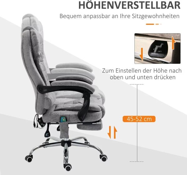 Vinsetto Főnöki szék masszázsfunkcióval, ergonomikus íróasztal szék dönthető és fűthető funkcióval, távirányítóval, szürke