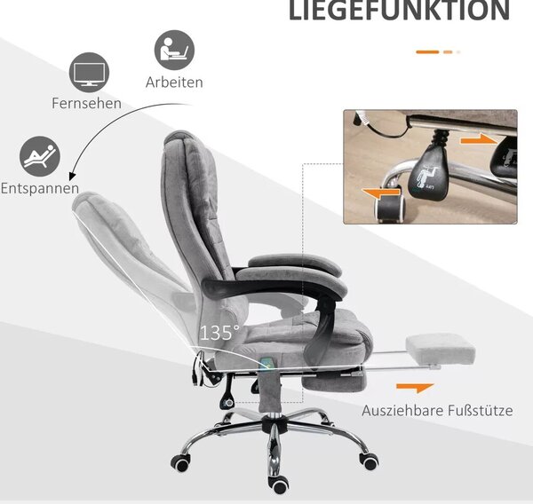 Vinsetto Főnöki szék masszázsfunkcióval, ergonomikus íróasztal szék dönthető és fűthető funkcióval, távirányítóval, szürke