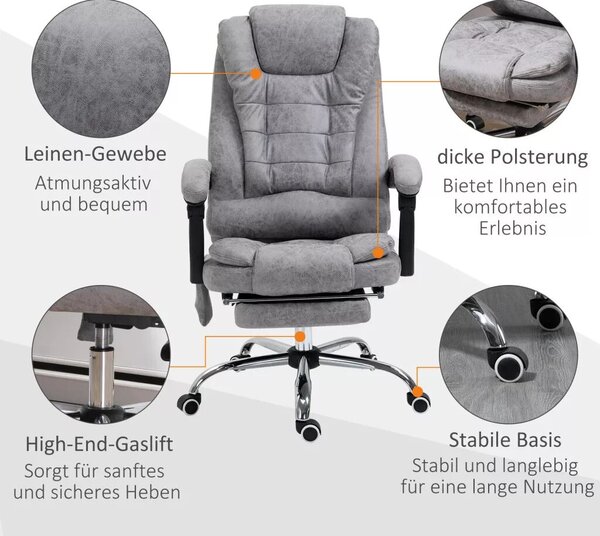 Vinsetto Főnöki szék masszázsfunkcióval, ergonomikus íróasztal szék dönthető és fűthető funkcióval, távirányítóval, szürke