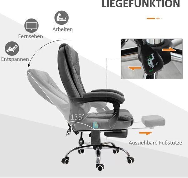 Vinsetto Főnöki szék masszázsfunkcióval, ergonomikus íróasztal szék dönthető és fűthető funkcióval, távirányítóval, fekete