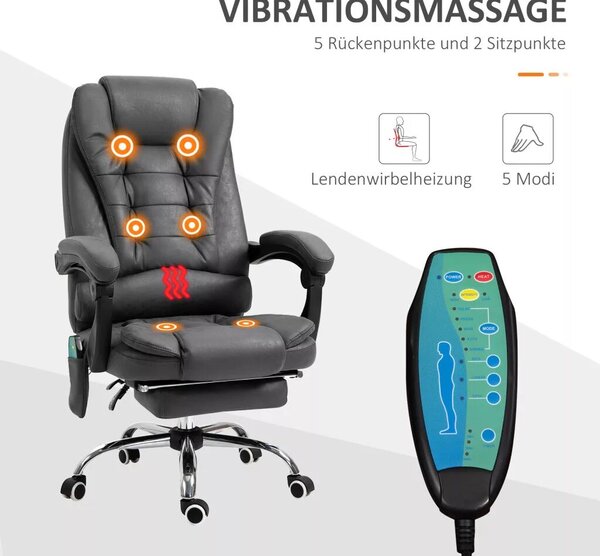 Vinsetto Főnöki szék masszázsfunkcióval, ergonomikus íróasztal szék dönthető és fűthető funkcióval, távirányítóval, fekete