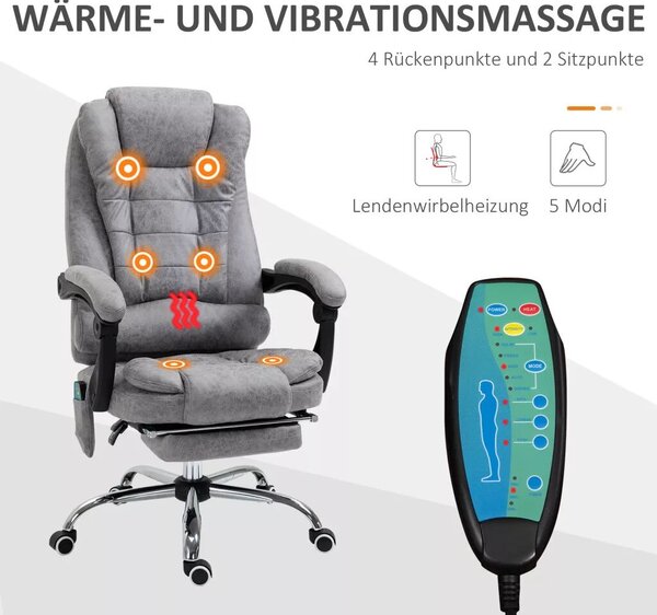 Vinsetto Főnöki szék masszázsfunkcióval, ergonomikus íróasztal szék dönthető és fűthető funkcióval, távirányítóval, szürke
