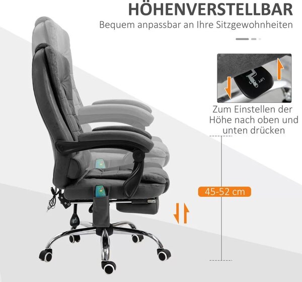 Vinsetto Főnöki szék masszázsfunkcióval, ergonomikus íróasztal szék dönthető és fűthető funkcióval, távirányítóval, fekete