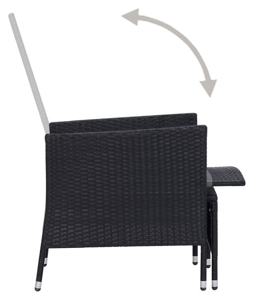 3 részes fekete polyrattan kerti bútorszett párnákkal