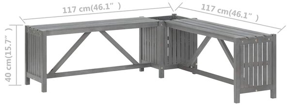 Szürke tömör akácfa kerti sarokpad ültetővel 117 cm