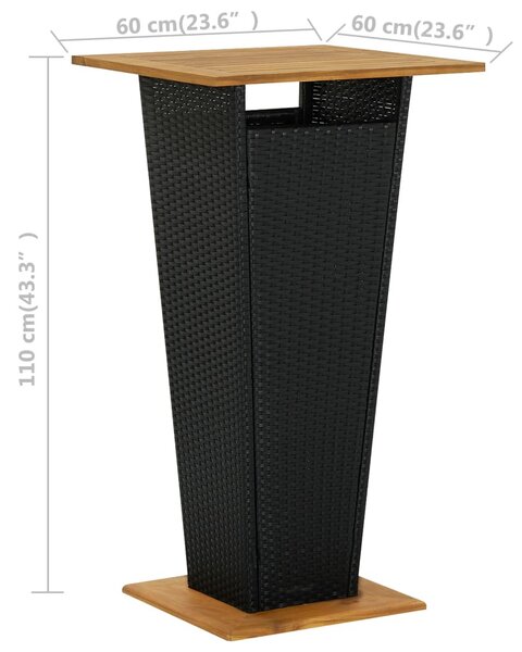 Fekete polyrattan és tömör akácfa bárasztal 60 x 60 x 110 cm