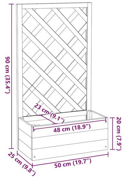 Szürke tömör fenyőfa rácsos kerti ültetőláda 50x25x90 cm