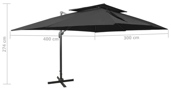 Fekete konzolos kerti napernyő dupla tetejjel 400 x 300 cm