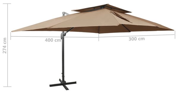 Tópszínű dupla tetejű konzolos napernyő 400 x 300 cm
