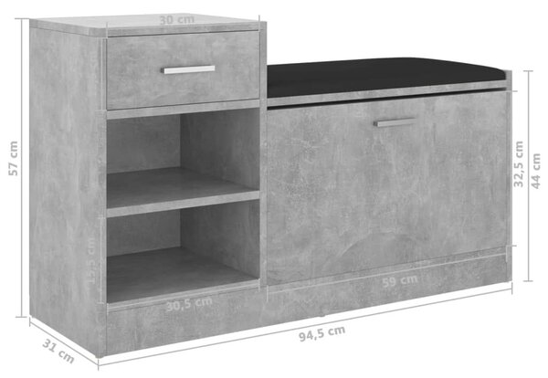 Betonszürke szerelt fa cipőtároló pad 94,5 x 31 x 57 cm