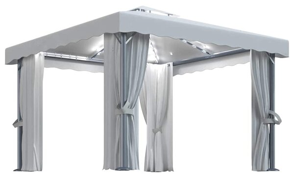Krémfehér pavilon függönnyel és LED fényfüzérrel 3 x 3 m