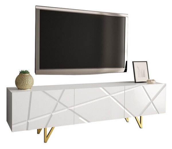 TV-állvány Audis, Laminált forgácslap, 52x180x37cm, Fehér, Fényes fehér