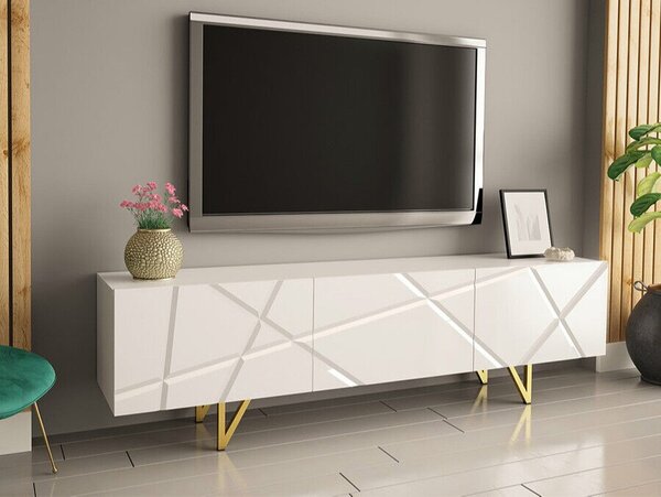 TV-állvány Audis, Laminált forgácslap, 52x180x37cm, Fehér, Fényes fehér