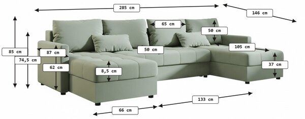 VENORIA U alakú kihúzható ülőgarnitúra, 285x146 cm, világoszöld + 2 párna INGYEN