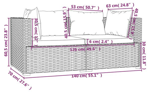 3 részes fekete polyrattan kerti ülőgarnitúra párnákkal