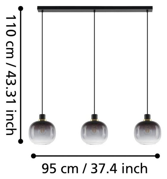 EGLO Oilella függőlámpa, fekete-szürke, 95 cm hosszú, üveg, 3-lámpás., dimmelhető, Fekete, Nappali / Étkező, Üveg