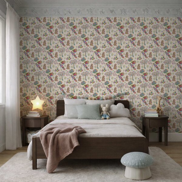 Tapéta Színes gyerekminta madarakkal és nyulakkal, Tapétá modern, a01127 : Uwalls.hu
