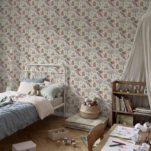 Tapéta Színes gyerekminta madarakkal és nyulakkal, Tapétá modern, a01127 : Uwalls.hu