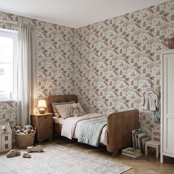 Tapéta Színes gyerekminta madarakkal és nyulakkal, Tapétá modern, a01127 : Uwalls.hu