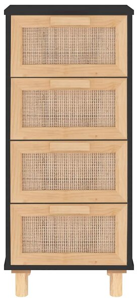 Fekete tömör fenyő/természetes rattan tálalószekrény 40x30x90cm