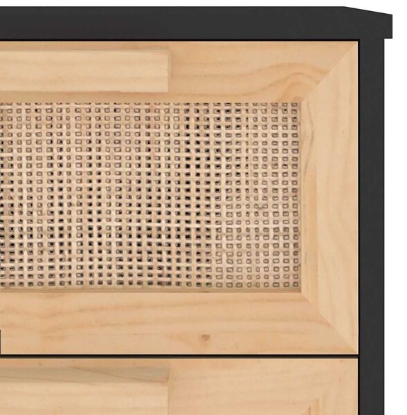Fekete tömör fenyő/természetes rattan tálalószekrény 40x30x90cm