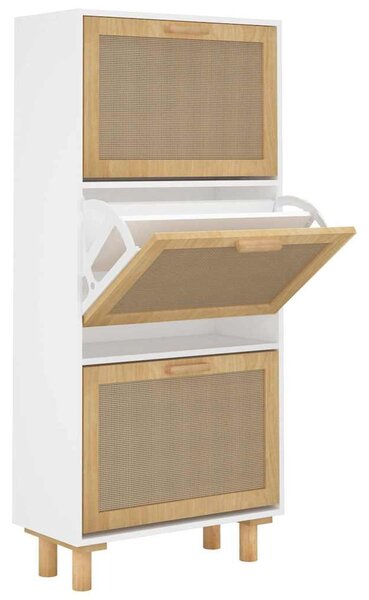 Fehér szerelt fa és természetes rattan cipőszekrény 52x25x115cm