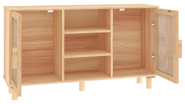 Barna tömör fenyő/természetes rattan tálalószekrény 105x30x60cm