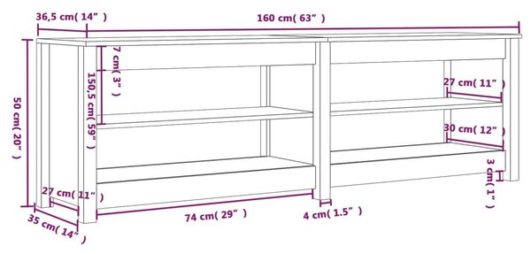 Fehér tömör fenyőfa cipőtároló pad 160x36,5x50 cm