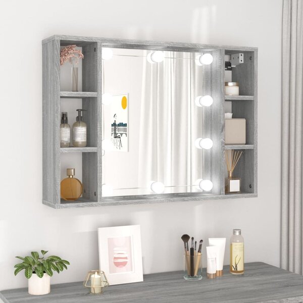 Szürke sonoma színű tükrös szekrény LED-ekkel 76 x 15 x 55 cm