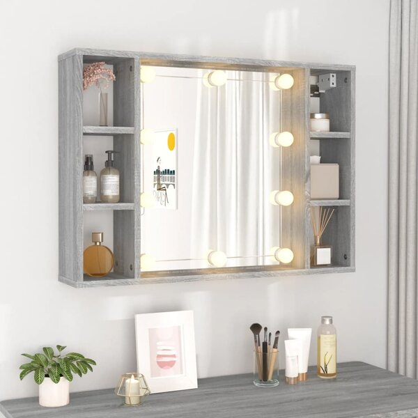 Szürke sonoma színű tükrös szekrény LED-ekkel 76 x 15 x 55 cm