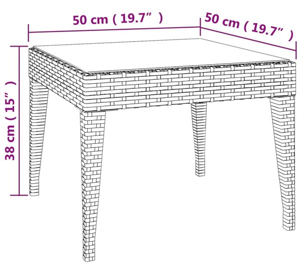 Barna polyrattan és edzett üveg kisasztal 50 x 50 x 38 cm