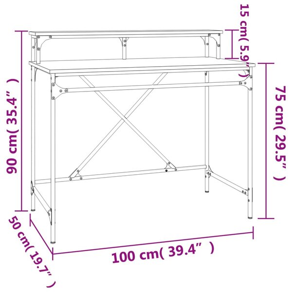 Füstös tölgy színű szerelt fa és vas íróasztal 100 x 50 x 90 cm