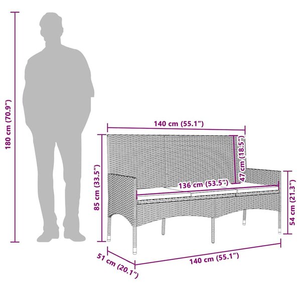 VidaXL fekete 3 személyes polyrattan kerti pad párnával