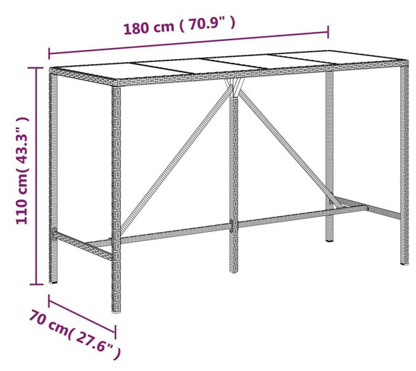 Szürke polyrattan üveglapos bárasztal 180 x 70 x 110 cm