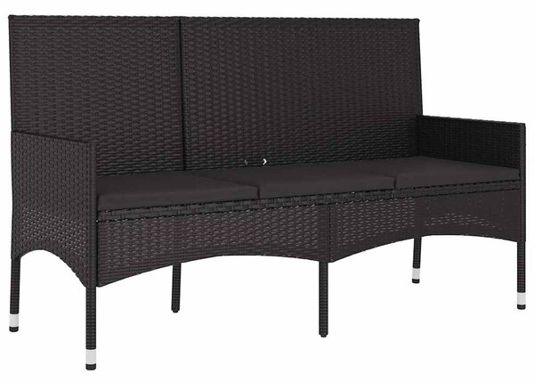 Fekete 3 személyes polyrattan kerti pad párnával